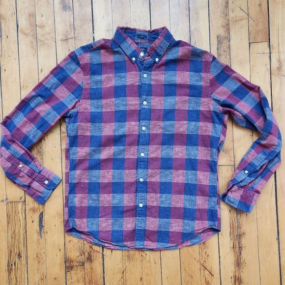 JCrew Factory plaid button down long sleeve shirt mens large slim 100% cotton - Picture 1 of 5